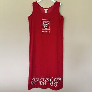 Red Elephant Maxi Dress Women 14 Vintage Sleeveless Long 90s Alabama Sweet Jessi